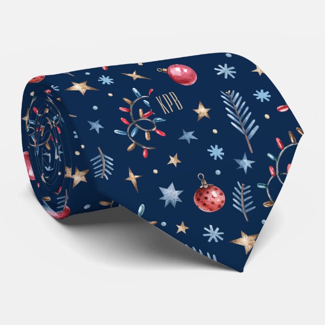 Cravate Monogramme, Oxford Blue Stars & Holiday Lights (Roulé)