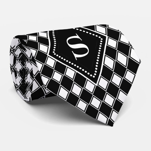 Cravate monogramme personnalisable arlequin noir et blanc (Roulé)