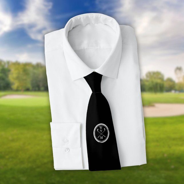 Cravate Monogramme Personnalisé Noir Et Blanc Golf (Personalized Monogram Black And White Golf Neck Tie)