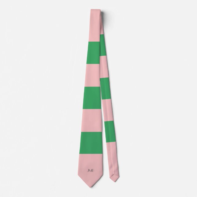 Cravate Monogramme rose pâle et vert rayé | Personnalisabl (Devant)