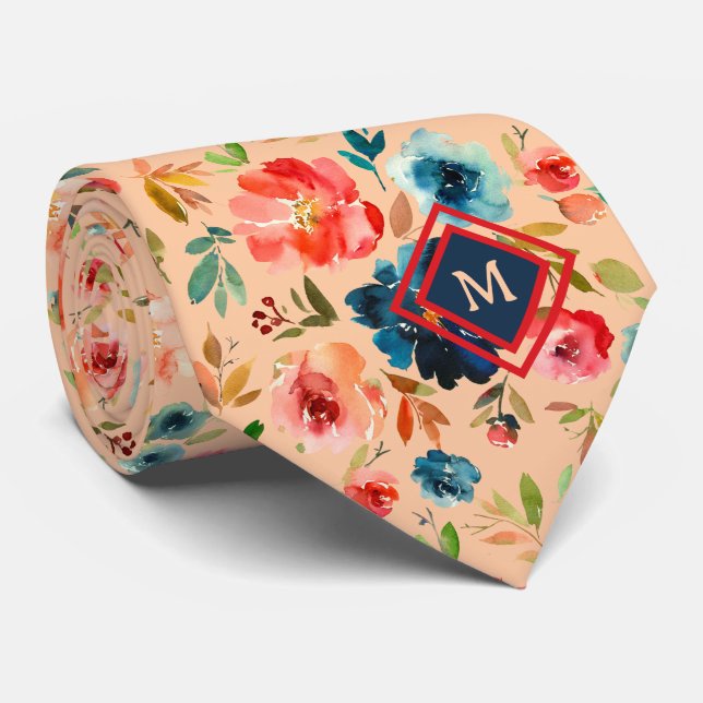Cravate Monogramme Roses Aquarelle Bleu Pêche (Roulé)