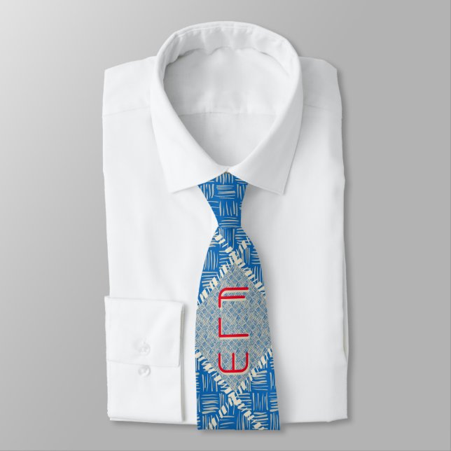 Cravate Monogramme rouge rétro sur Bleu clair et Hatch ivo (Attaché)