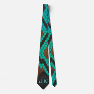 Cravate Monogramme serpent impression Brown et Turquoise