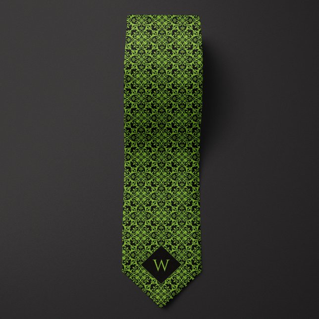 Cravate Monogramme vert et noir arabesque (Créateur téléchargé)