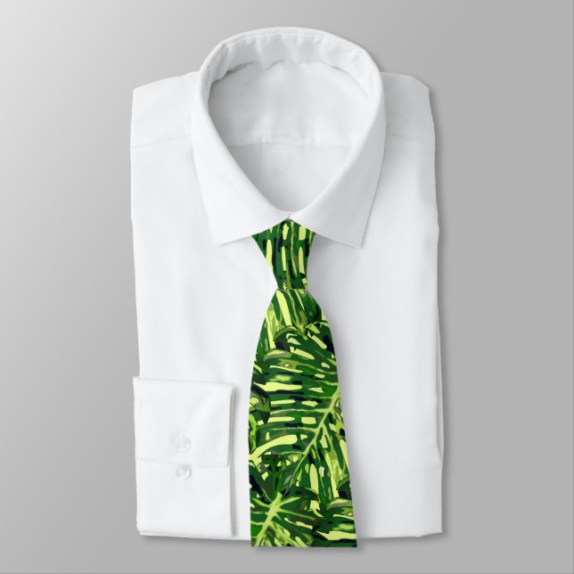 Cravate Monstera Tropical Feuilles - Plage Exotique Paradi (Attaché)