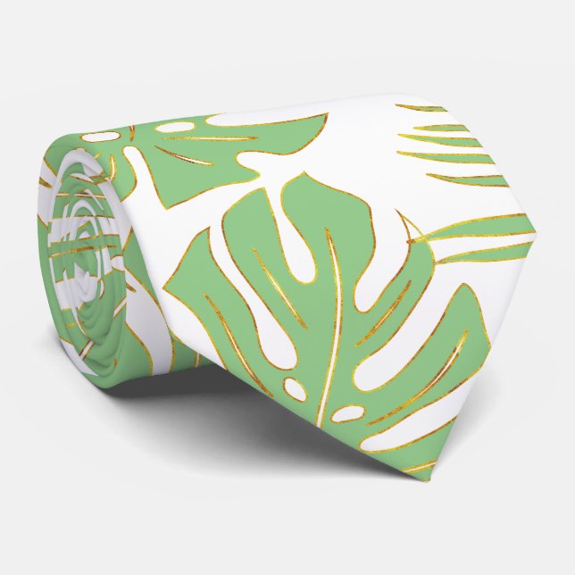 Cravate Monstère tropicale verte Sage et feuilles de palmi (Roulé)