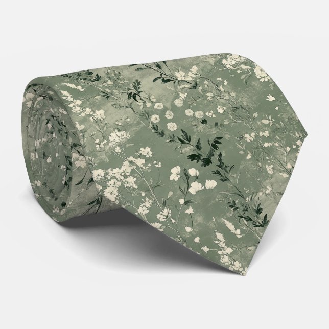 Cravate Moody Sage Green Fleur sauvage Mariage personnalis (Roulé)