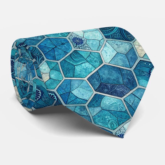 Cravate Mosaique bleue océan à motif polygone irrégulier (Roulé)