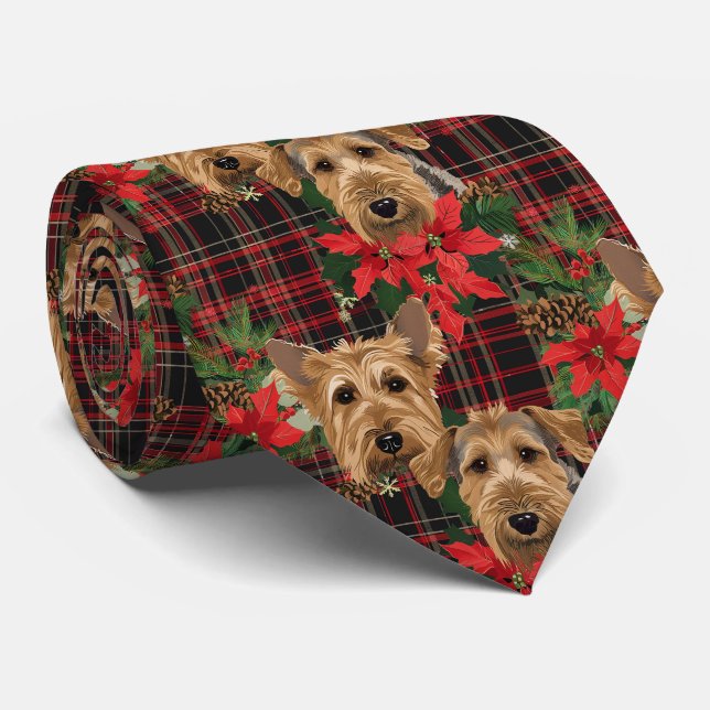 Cravate Motif à carreaux de Noël Airedale Rouge Vert (Roulé)