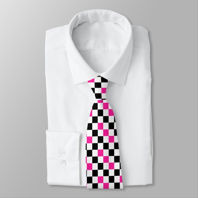 Cravate Motif à carreaux rose noir et blanc  (Attaché)