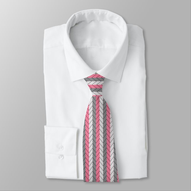 Cravate Motif à chevrons rayés noir gris rose  (Attaché)