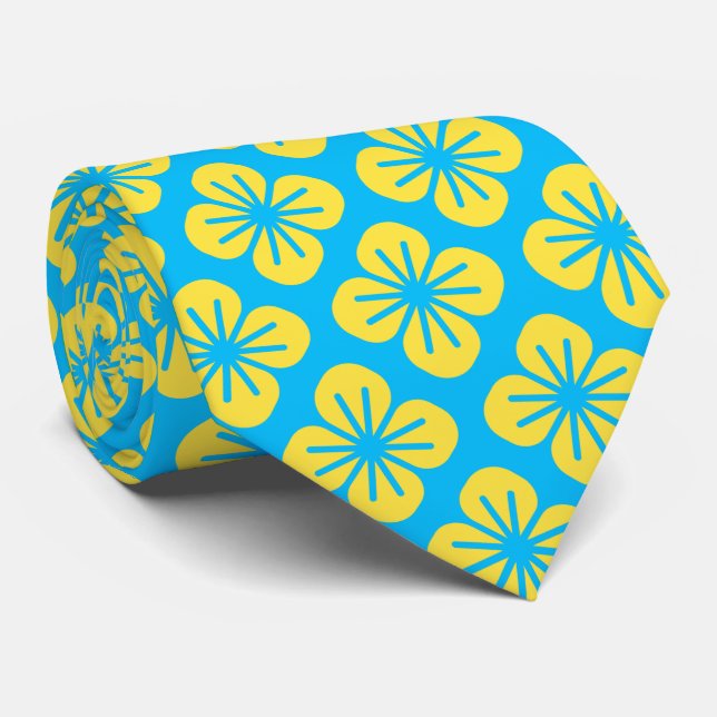Cravate Motif à fleurs en Jaune et Turquoise (Roulé)