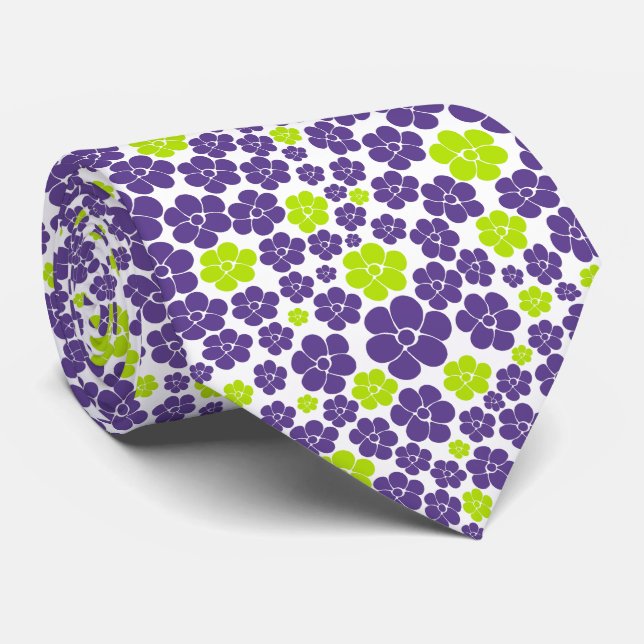 Cravate Motif à fleurs en vert citron et violet (Roulé)