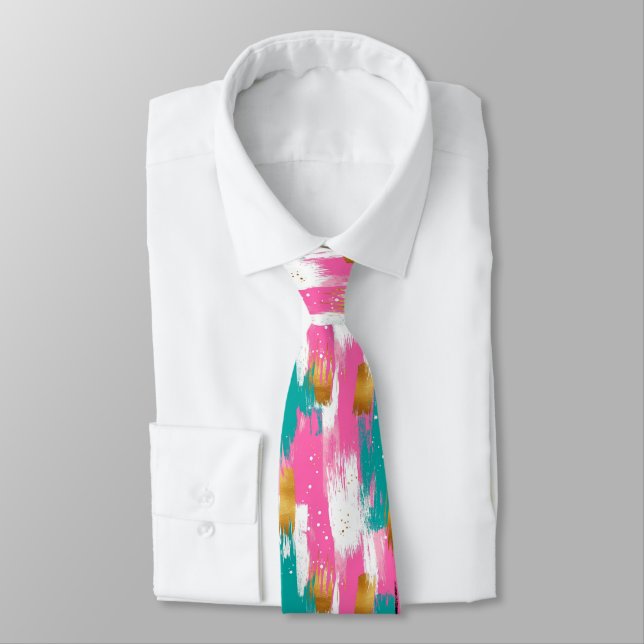 Cravate Motif Abstrait de Coup de Pinceau Rose Menthe Or (Attaché)