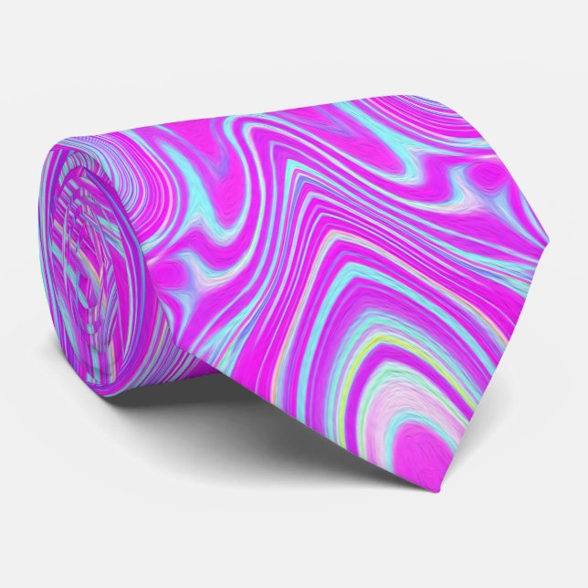 Cravate Motif Abstrait Rose Chaude et Bleu Aqua Psychédéli (Roulé)