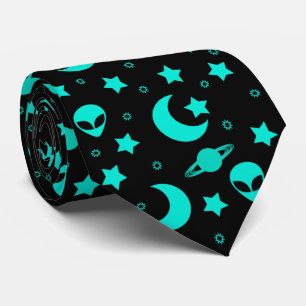 Cravate Motif Alien turquoise avec étoiles et lunes