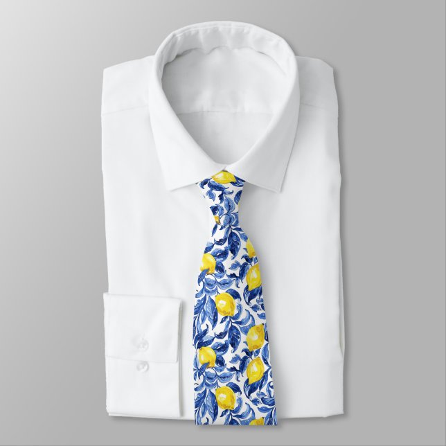 Cravate Motif aquarelle de citron bleu  (Attaché)