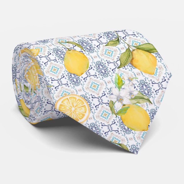Cravate Motif aquarelle de citron sicilien avec ornement b (Roulé)