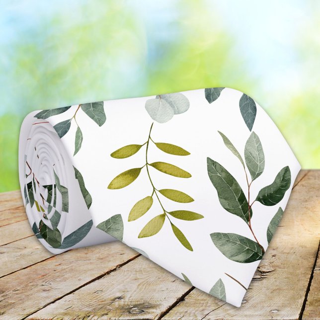 Cravate Motif aquarelle de feuilles vertes monogrammées (Close up)