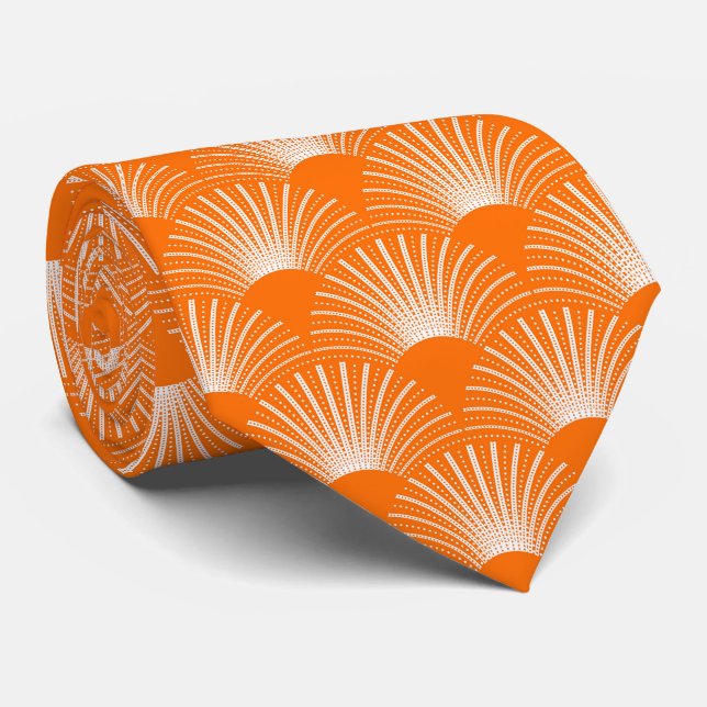 Cravate Motif Art déco Floral blanc et orange (Roulé)