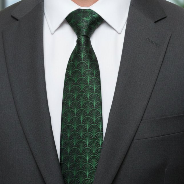 Cravate Motif Art Déco Noir et Vert Émeraude (Créateur téléchargé)
