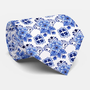 Cravate Motif artistique floral bleu Delft classique néerl
