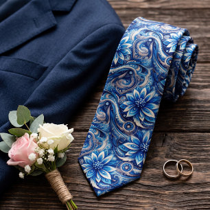 Cravate Motif artistique paisley bleu marine azur foncé