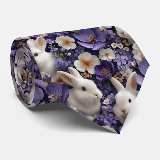 Cravate Motif aux lapins blancs et fleurs violettes (Roulé)
