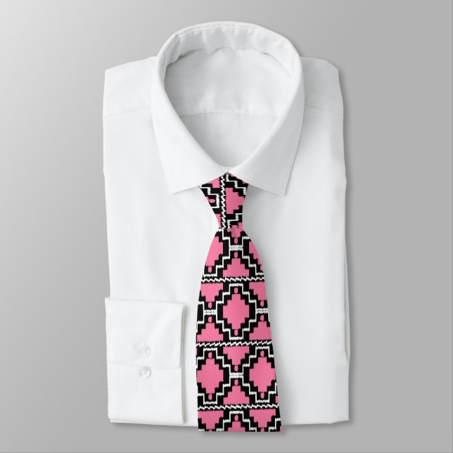 Cravate Motif Aztèque Ikat - Rose Fuchsia, Noir et Blanc (Attaché)