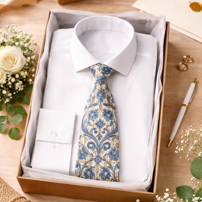 Cravate Motif baroque floral bleu élégant classique (Créateur téléchargé)