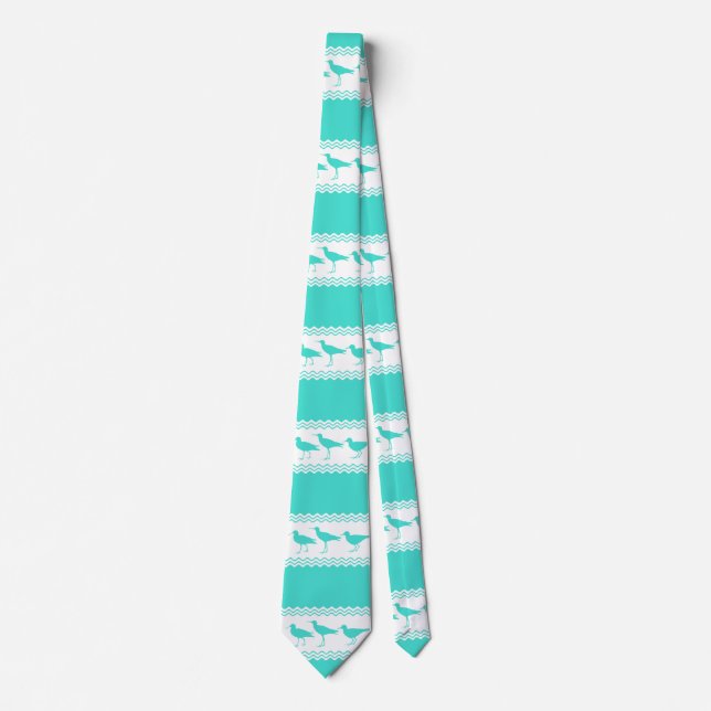 Cravate Motif blanc d'oiseaux de bécasseau de turquoise (Devant)