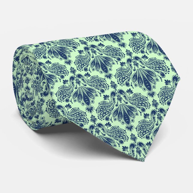 Cravate Motif bleu et vert de la marine Damas Floral Crava (Roulé)