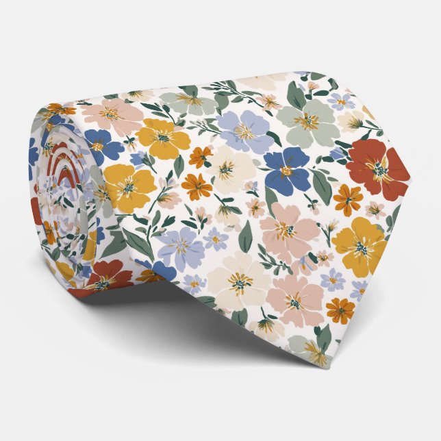 Cravate Motif Bohème de Prairie de Fleurs Sauvages (Roulé)