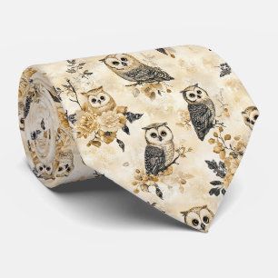 Cravate Motif botanique de hibou beige vintage de la forêt
