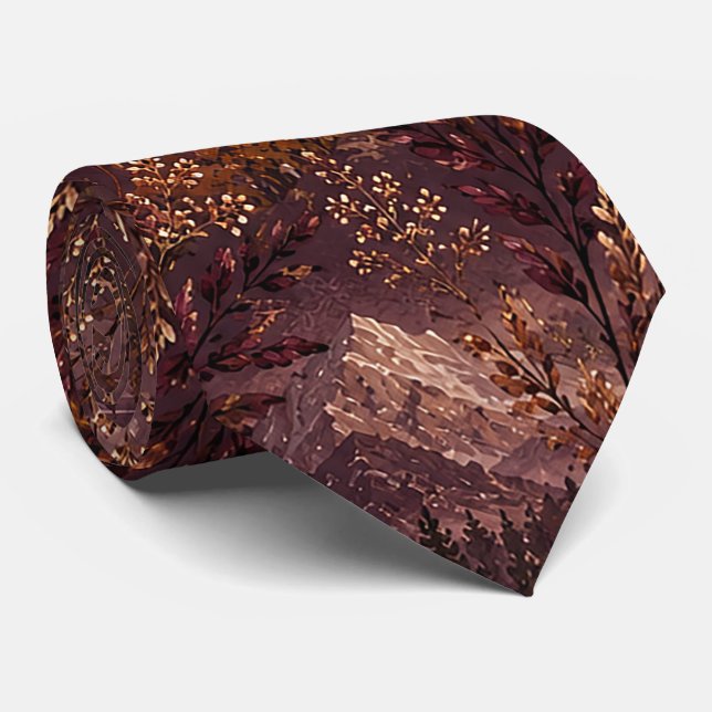 Cravate Motif botanique de montagne automnale Dark (Roulé)