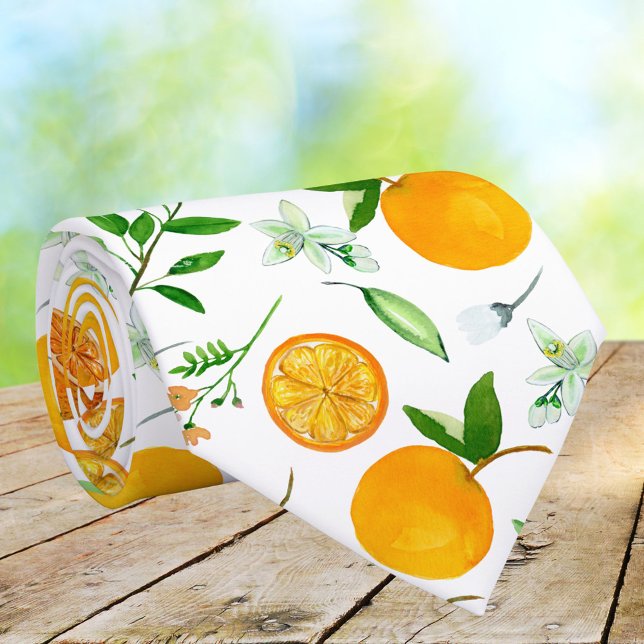 Cravate Motif botanique floral d'été citrus orange (Close up)