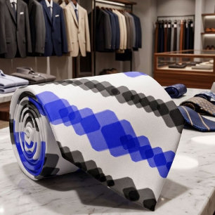 Cravate Motif carré bleu et noir superposé sur fond blanc