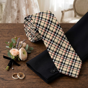 Cravate Motif carreaux tartan plaid beige noir blanc rouge