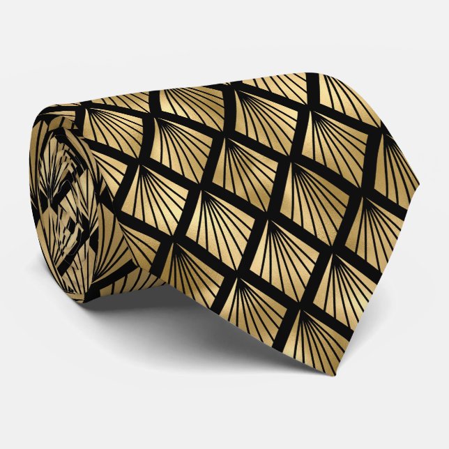 Cravate motif carrelé d'art déco noir or (Roulé)