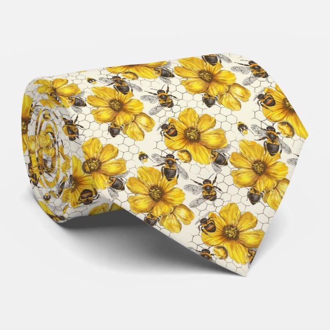 Cravate Motif carrelé de fleurs et d'abeilles mignon (Roulé)