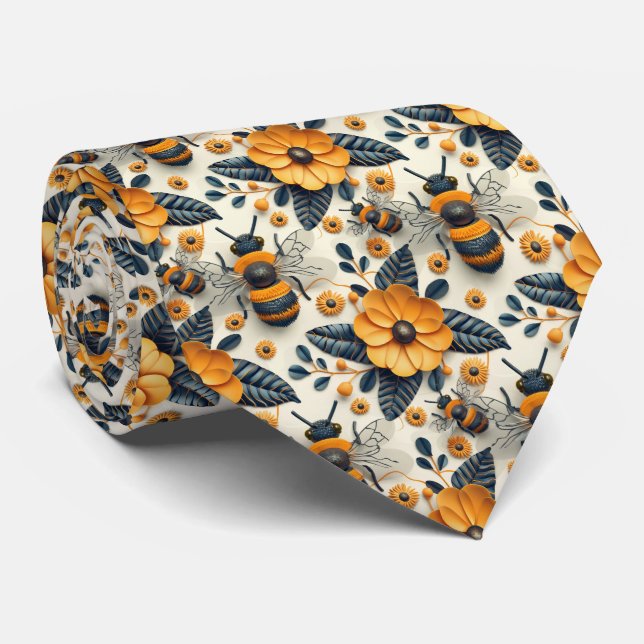 Cravate Motif carrelé de fleurs et d'abeilles mignon  (Roulé)