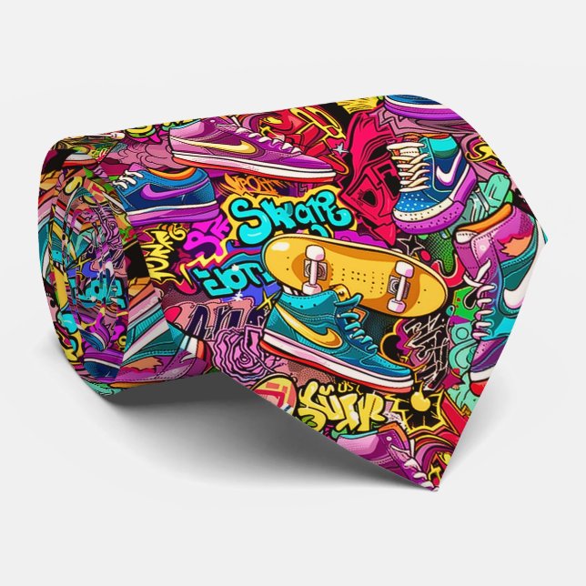Cravate Motif carrelé de graffiti de bande dessinée cool  (Roulé)