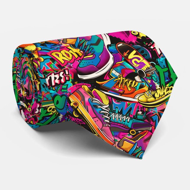 Cravate Motif carrelé de graffiti de bande dessinée cool  (Roulé)