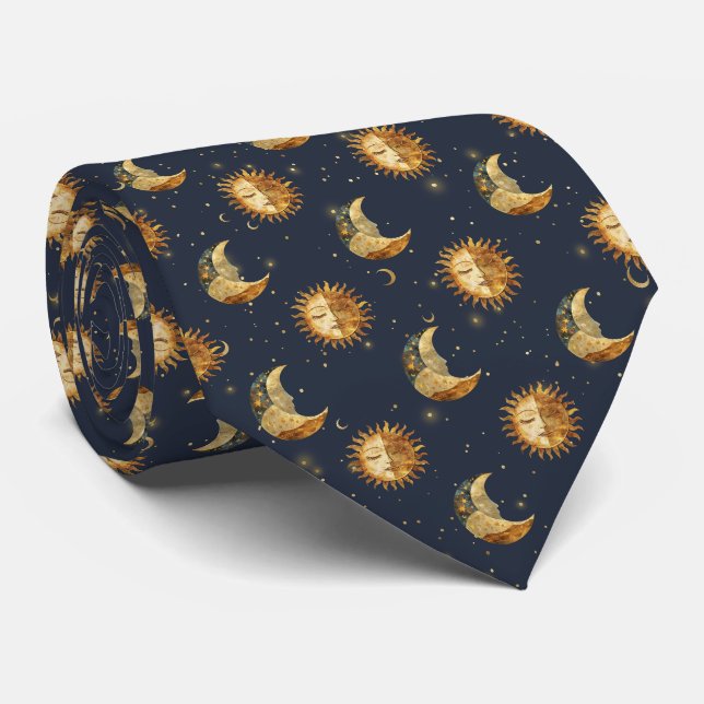 Cravate Motif Céleste Soleil & Lune Nuit Étoilée Or (Roulé)