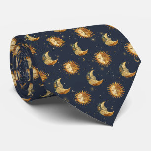 Cravate Motif Céleste Soleil & Lune Nuit Étoilée Or (1)