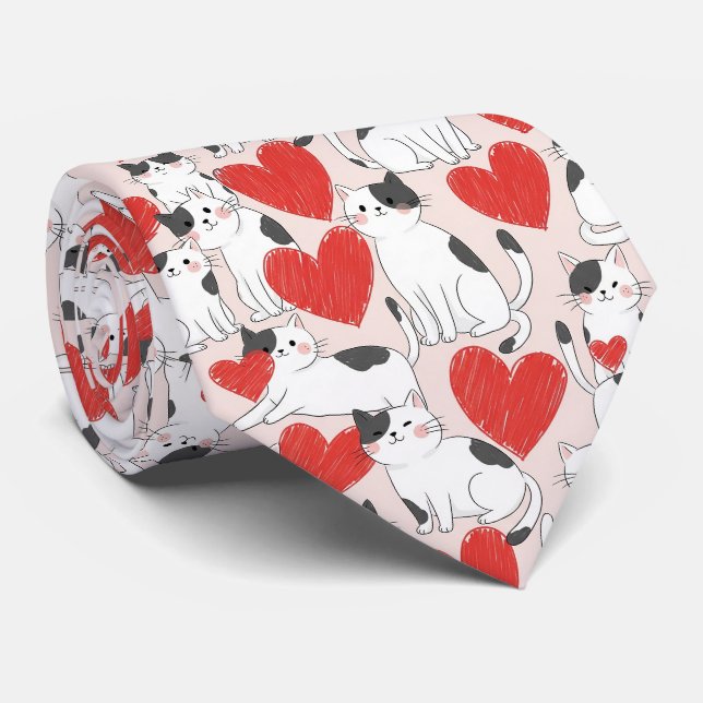 Cravate Motif Chats Kawaii Rose et Coeurs Doux (7) (Roulé)