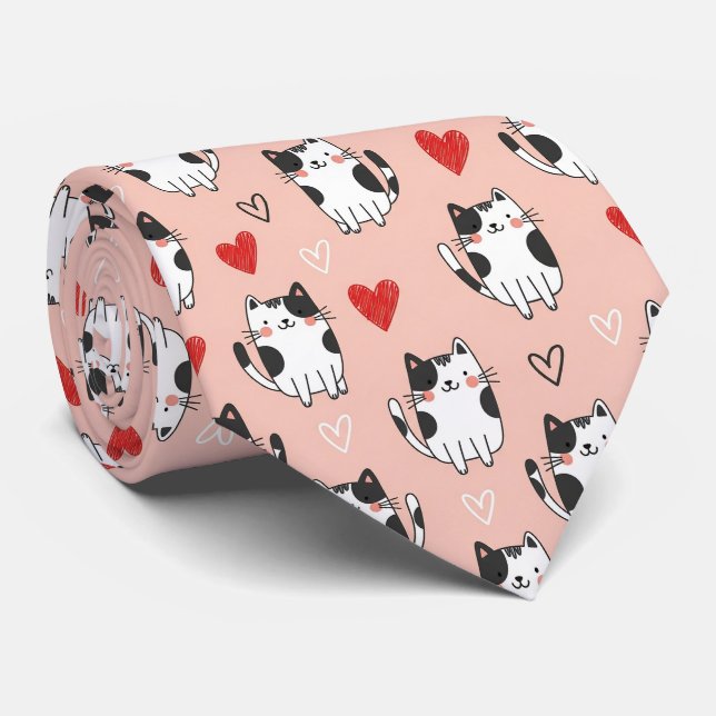 Cravate Motif Chats Kawaii Roses et Cœurs (3) (Roulé)