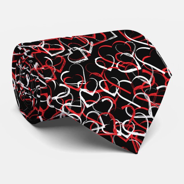 Cravate Motif cœur blanc rouge sur fond noir (Roulé)