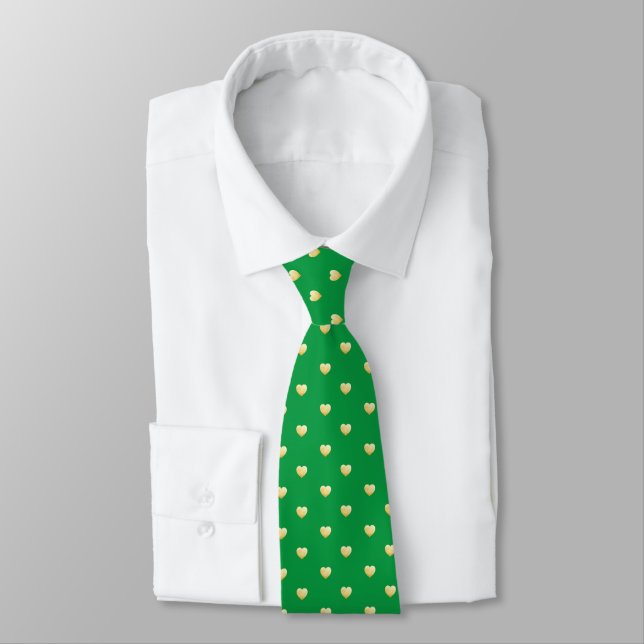 Cravate Motif Cœurs Amusants Faux Feuilleton Doré Vert (Attaché)