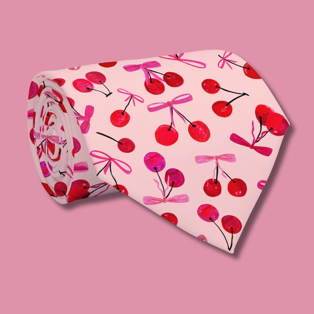Cravate Motif Coquette Cherry & Pink Bow (Cute cherry & bow, coquette aesthetic neck tie)